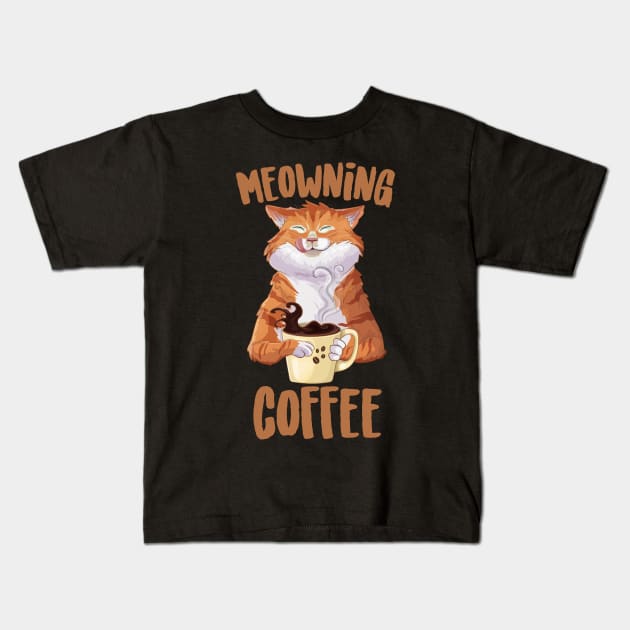 Meowning Coffee Cute Cat Kids T-Shirt by Eugenex